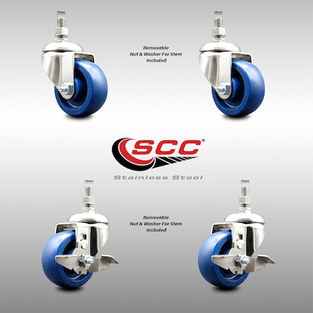 Service Caster 3.5 Inch 316SS Solid Polyurethane Swivel 12mm Stem Caster Brake SCC, 2PK SS316TS20S3514-SPUS-M1215-2-TLB-2